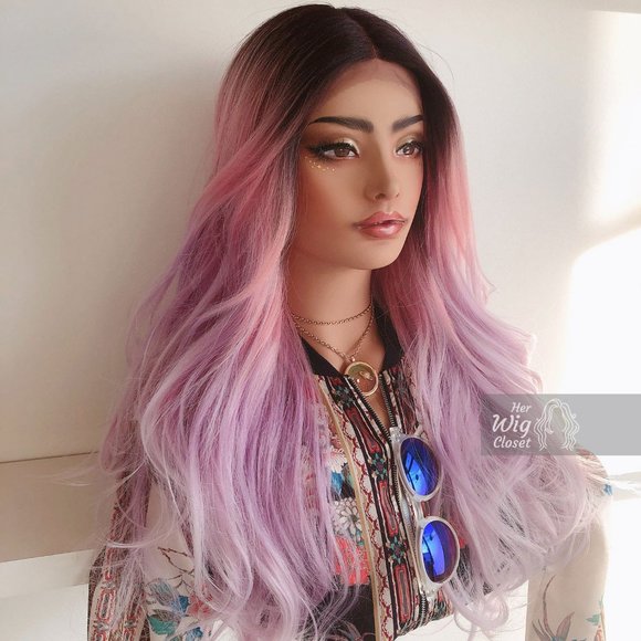 Her Wig Closet Accessories - 26" Pastel Pink Purple Ombre Wig Dark Roots| Kylie